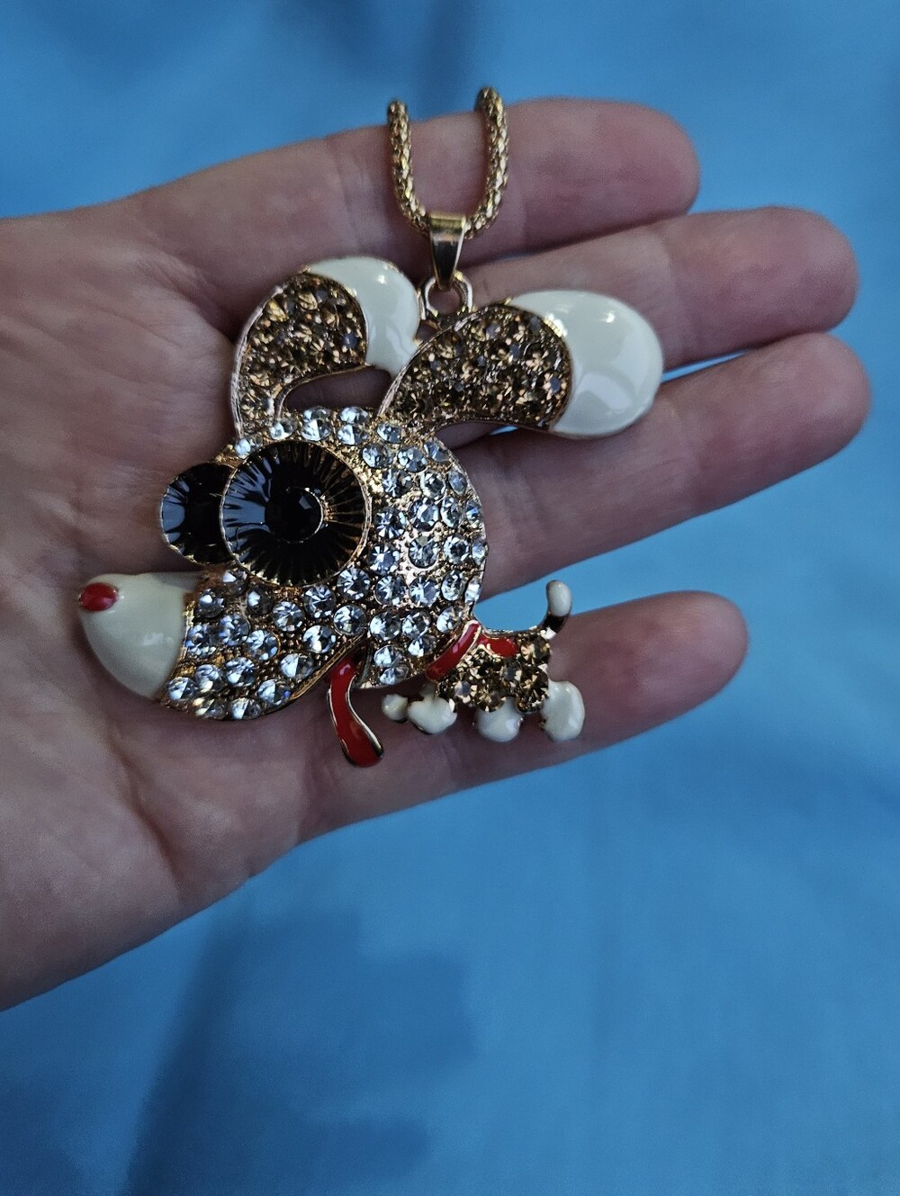 NWT Betsey Johnson Rhinestone & Enamel Cartoon Dog Pendant Necklace Goldtone 29"